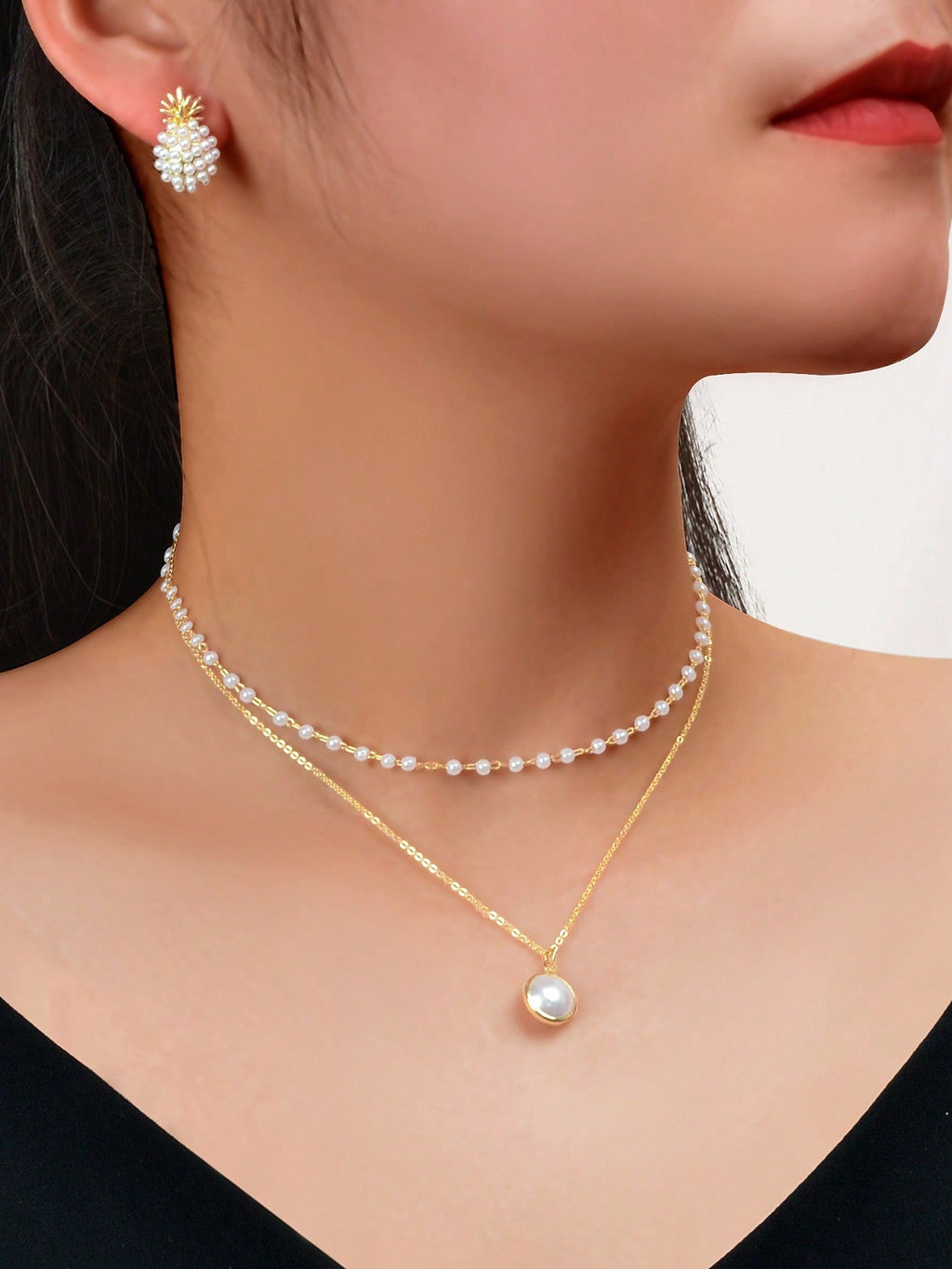 Pearl Pendant Double Layer Necklace & Pineapple Pearl Earrings Jewellery Set Feelontop Jewellery