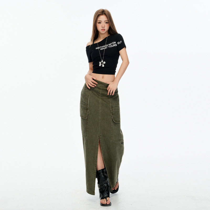 Gray Straight Denim Skirt