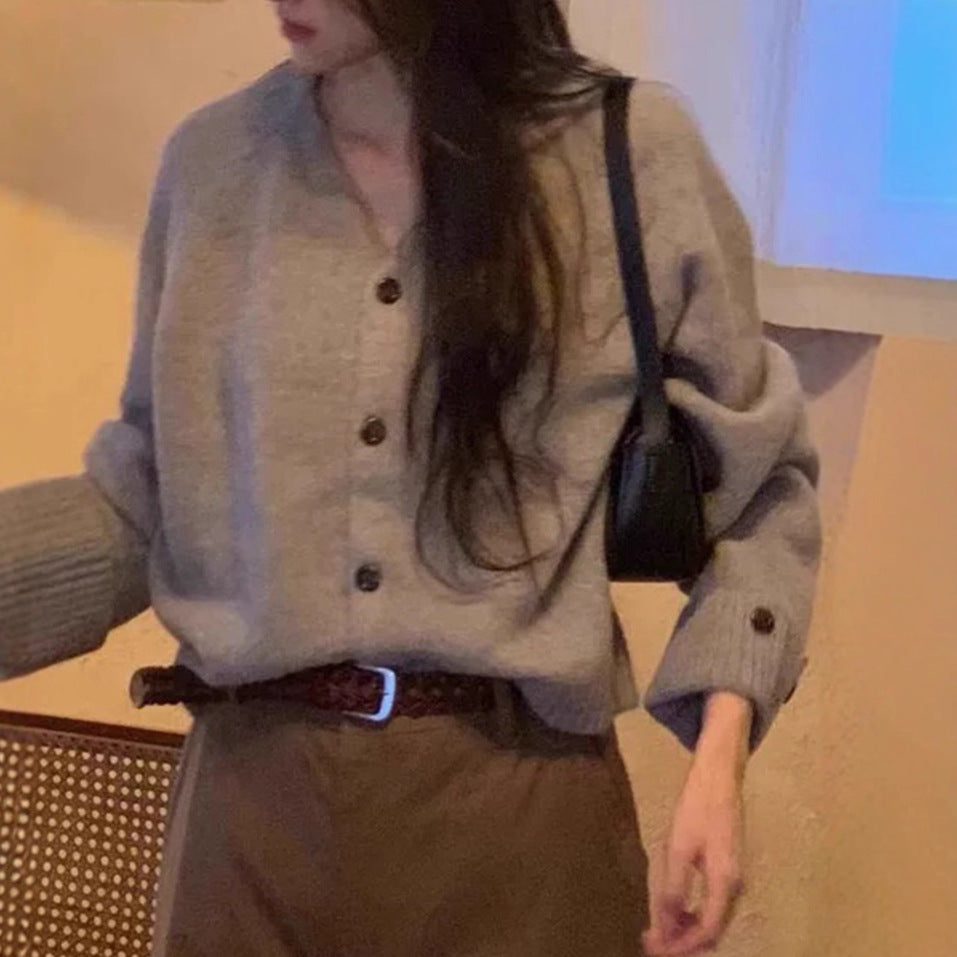 V-Neck Cuffed Long Sleeve Knit Cardigan