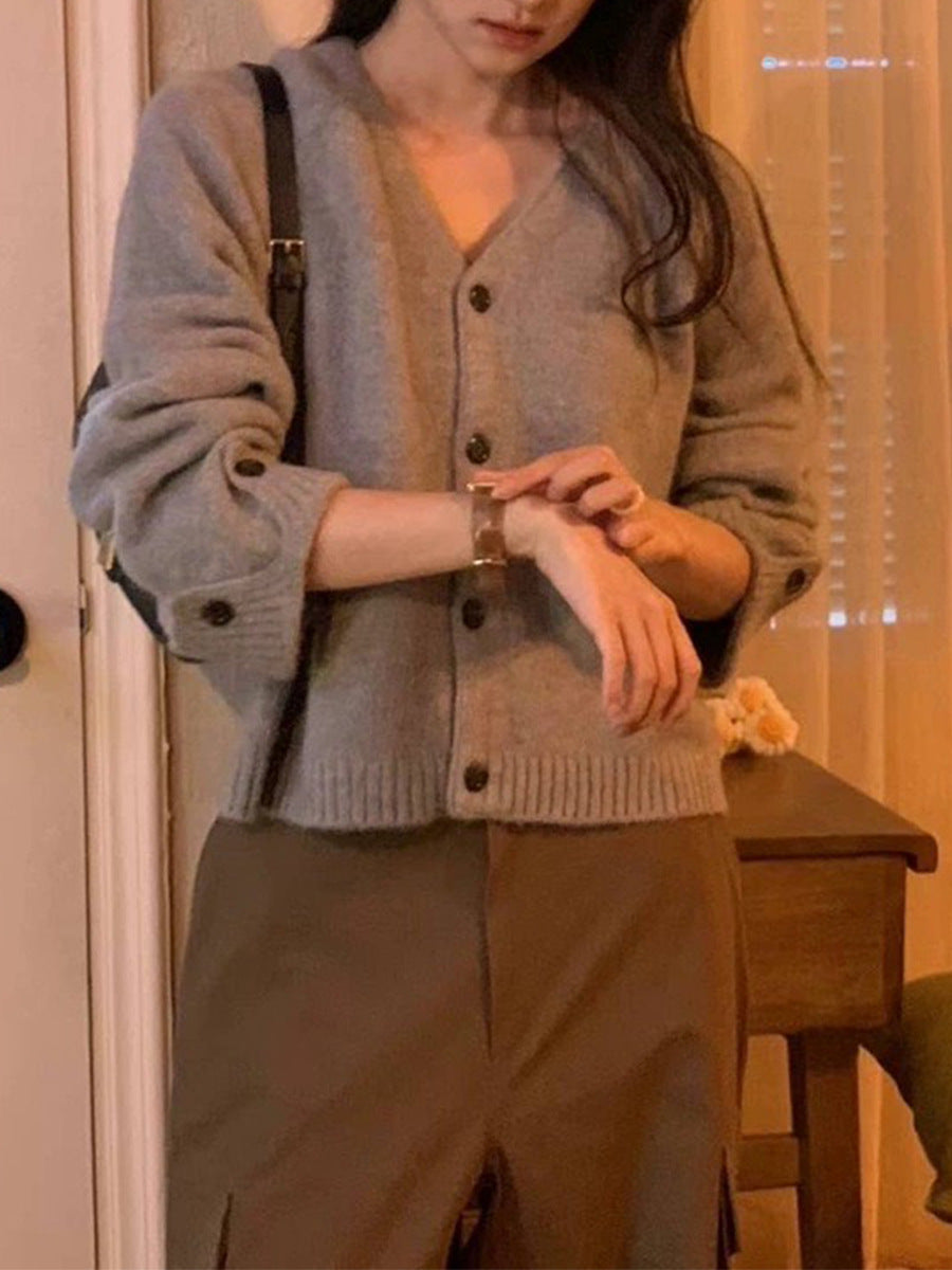 V-Neck Cuffed Long Sleeve Knit Cardigan