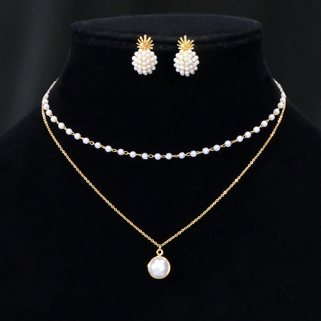 Pearl Pendant Double Layer Necklace & Pineapple Pearl Earrings Jewellery Set Feelontop Jewellery