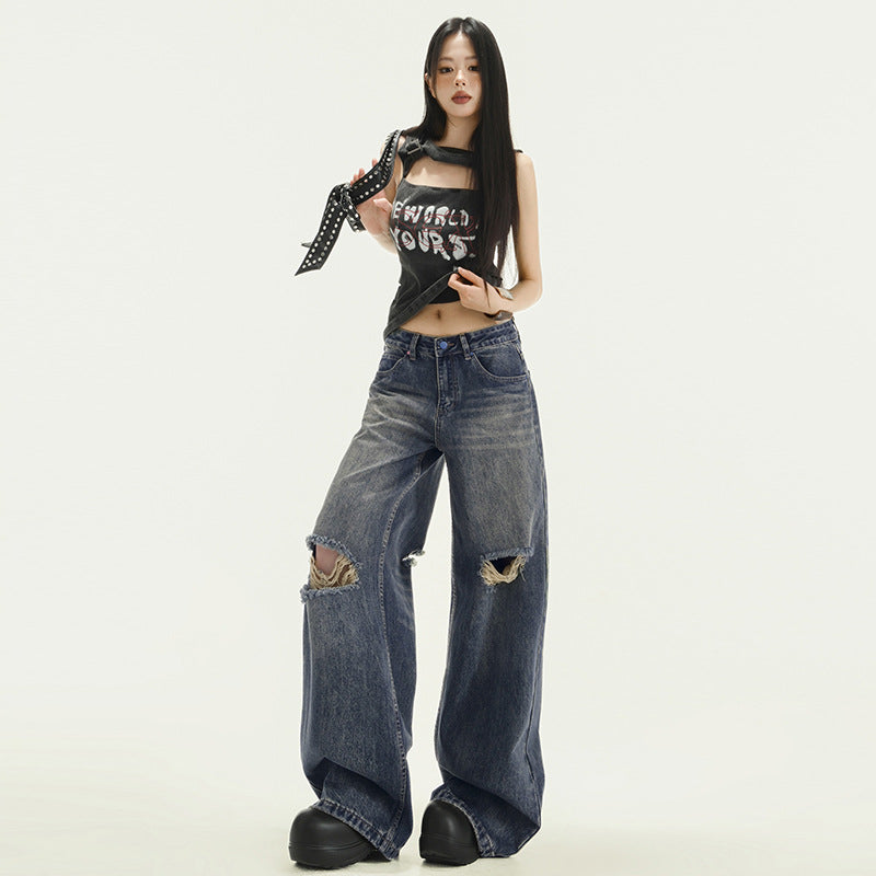 Pocket Print High Waist Denim Jeans