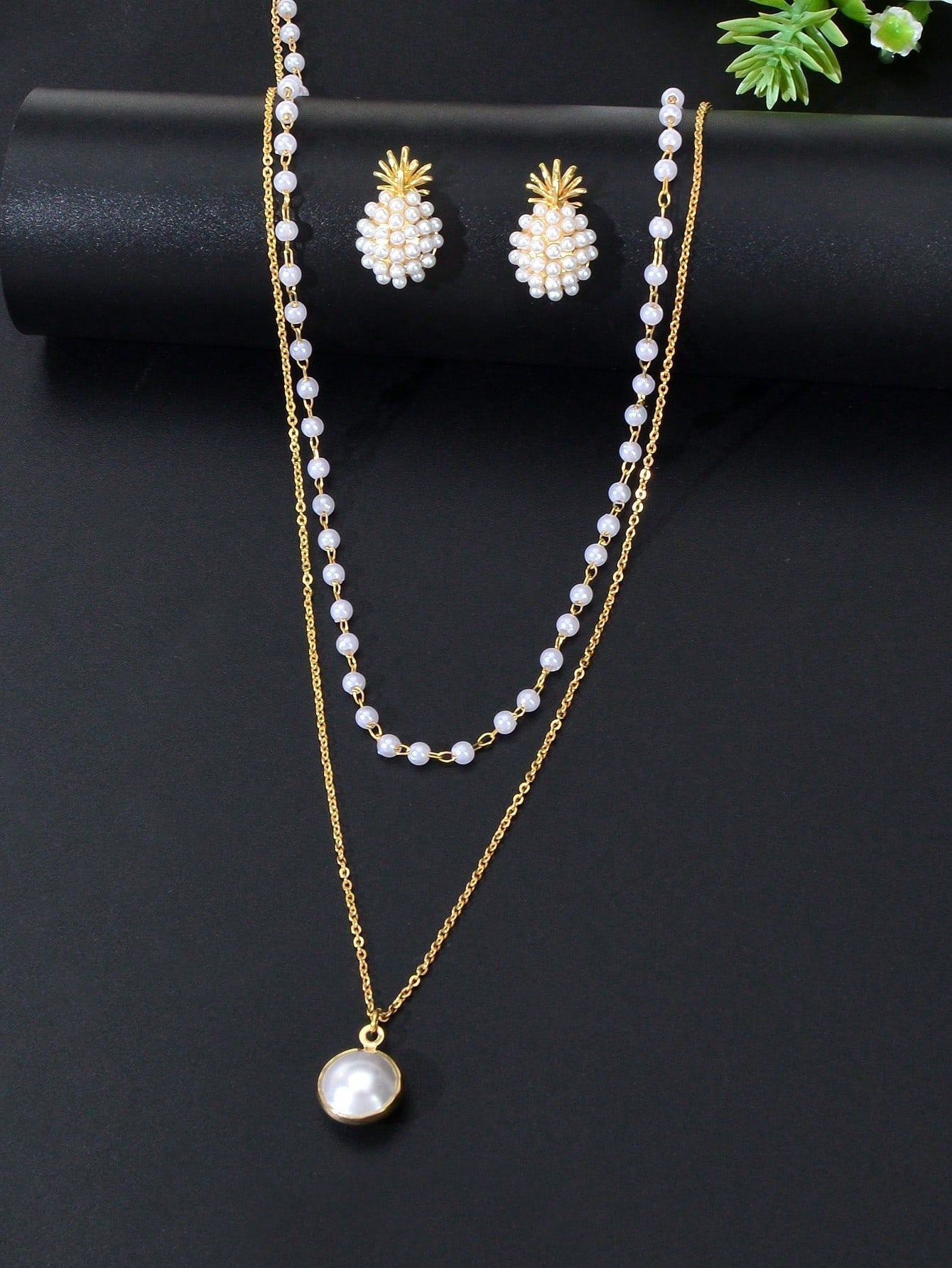 Pearl Pendant Double Layer Necklace & Pineapple Pearl Earrings Jewellery Set Feelontop Jewellery