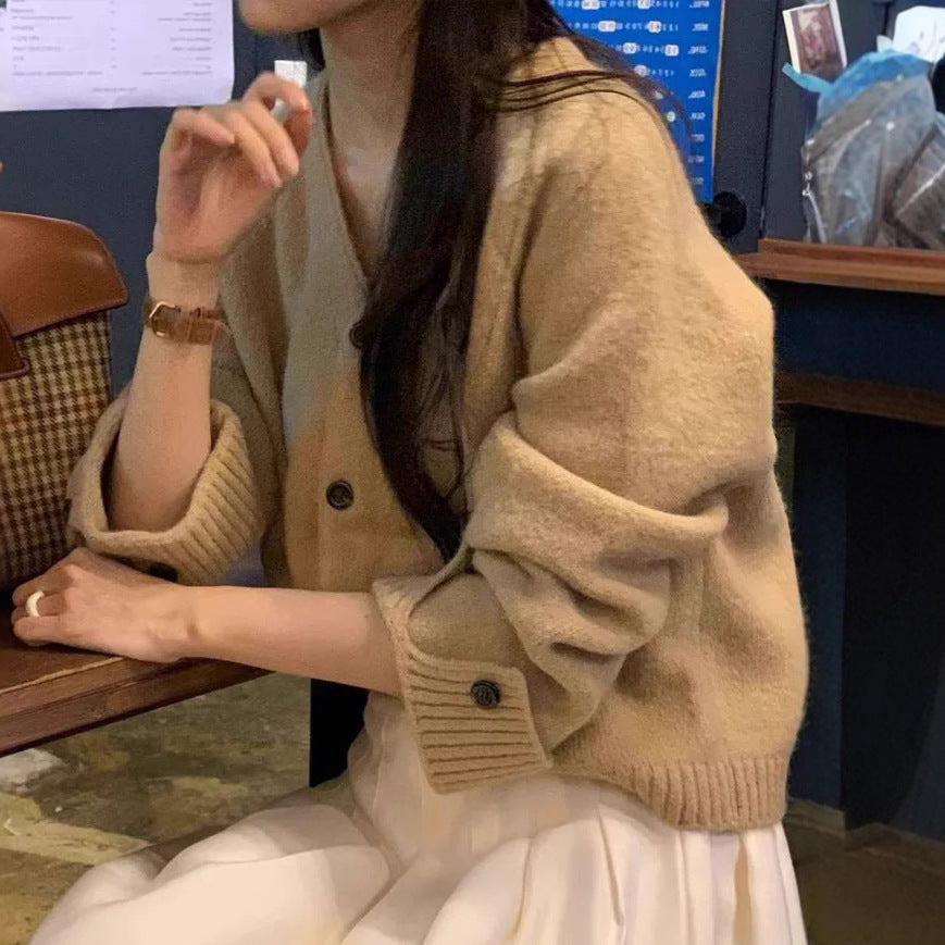V-Neck Cuffed Long Sleeve Knit Cardigan