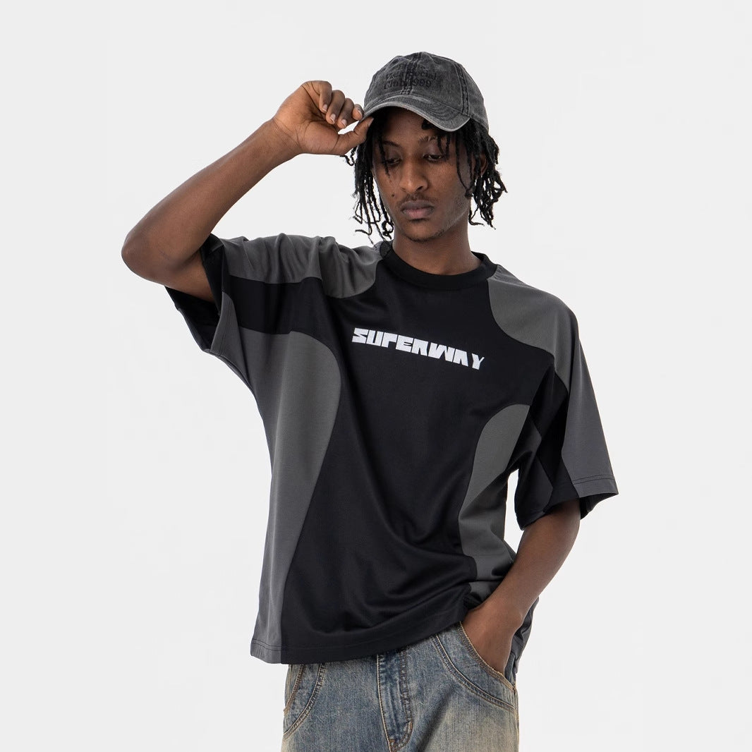 Men's Clothing Splicing Color Matching Letter Logo Print Loose Short Sleeve T-Shirt eprolo