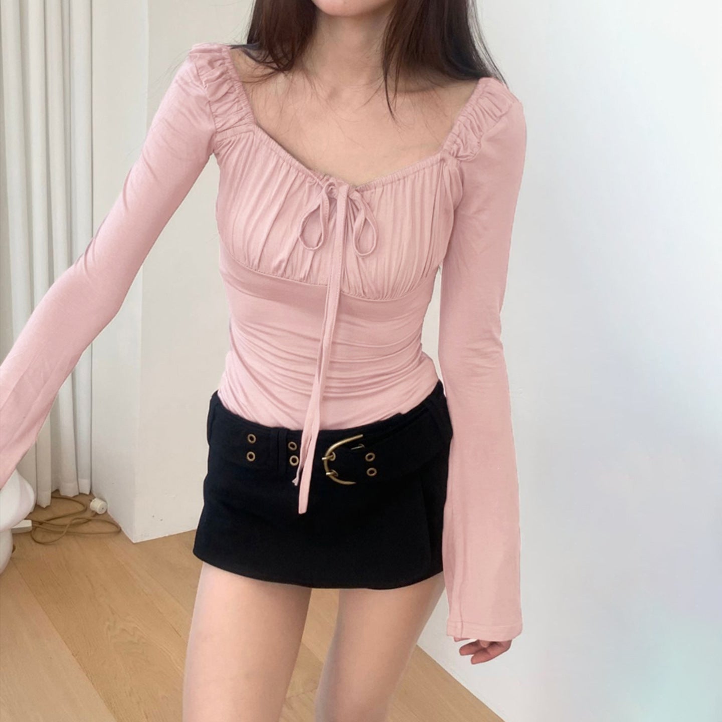 Pink square collar lace up top eprolo