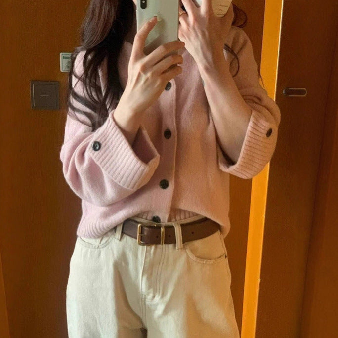 V-Neck Cuffed Long Sleeve Knit Cardigan