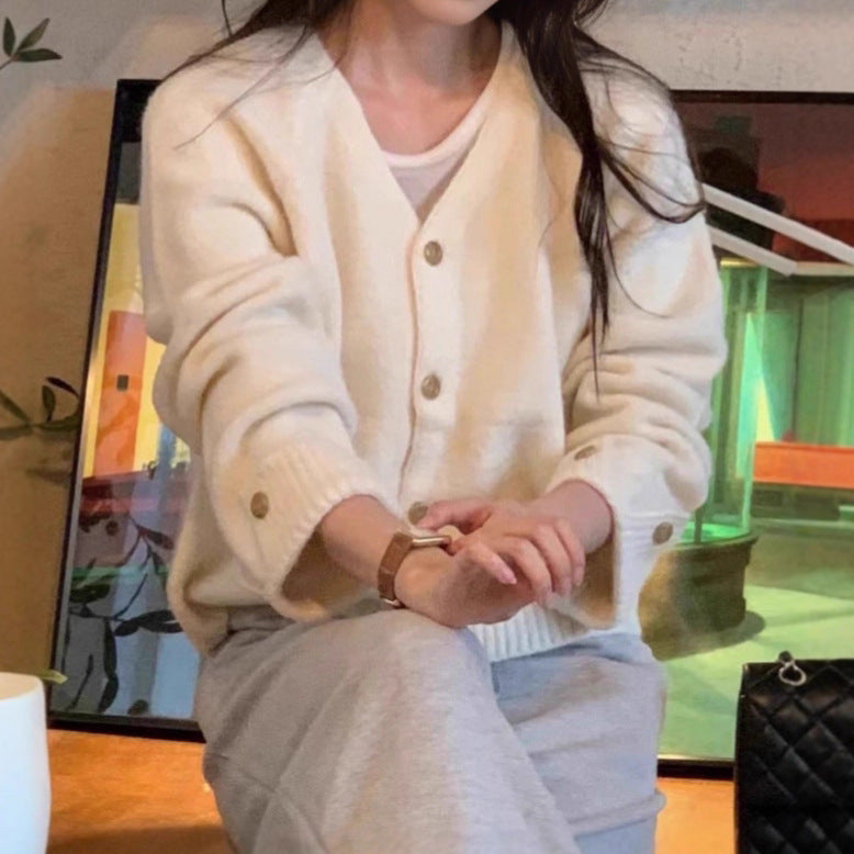 V-Neck Cuffed Long Sleeve Knit Cardigan
