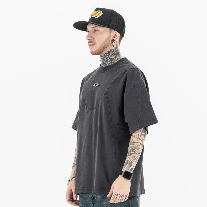 Men's Embroidered Cutting Patchwork Short Sleeve T-Shirt eprolo