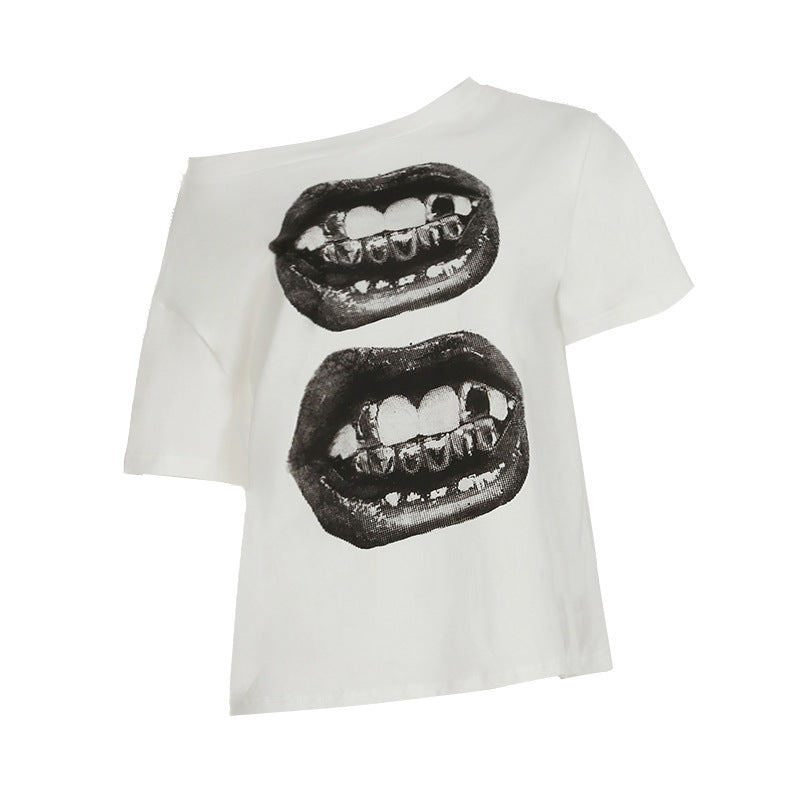 Mouth Print Oblique Collar Short Sleeve