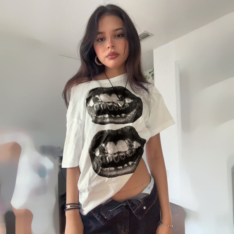 Mouth Print Oblique Collar Short Sleeve eprolo