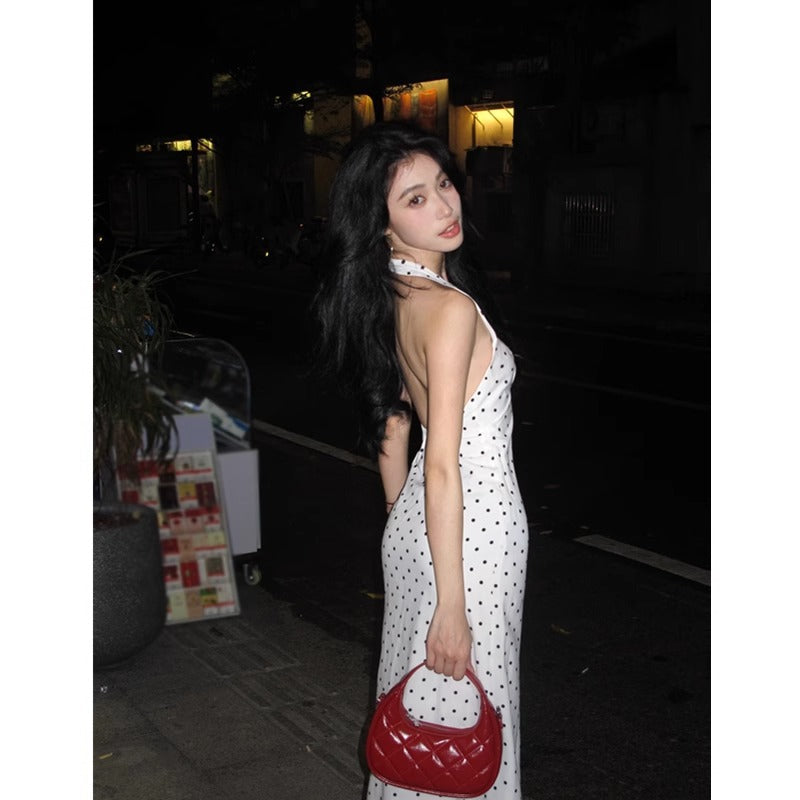 White Polka Dot V-Neck Halter Dress