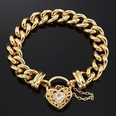 18ct Heavy Yellow Gold Plated 12mm Euro Curb Chain Bracelet with a Filigree Locket Featuring a Simulated Diamond - USA Made BIJ`OR