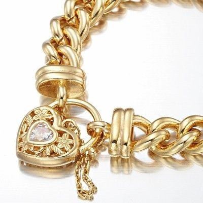 18ct Heavy Yellow Gold Plated 12mm Euro Curb Chain Bracelet with a Filigree Locket Featuring a Simulated Diamond - USA Made BIJ`OR