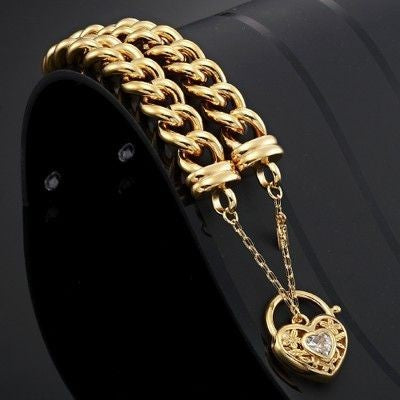 18ct Heavy Yellow Gold Plated 12mm Euro Curb Chain Bracelet with a Filigree Locket Featuring a Simulated Diamond - USA Made BIJ`OR