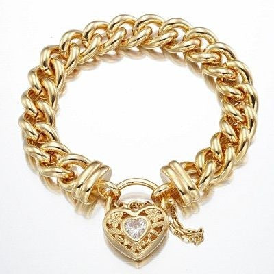 18ct Heavy Yellow Gold Plated 12mm Euro Curb Chain Bracelet with a Filigree Locket Featuring a Simulated Diamond - USA Made BIJ`OR