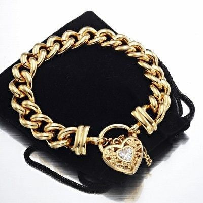 18ct Heavy Yellow Gold Plated 12mm Euro Curb Chain Bracelet with a Filigree Locket Featuring a Simulated Diamond - USA Made BIJ`OR