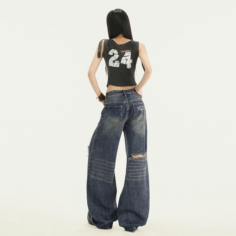 Pocket Print High Waist Denim Jeans