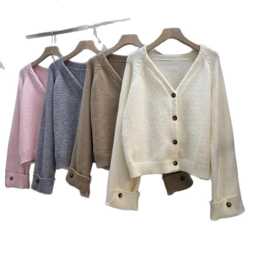 V-Neck Cuffed Long Sleeve Knit Cardigan eprolo