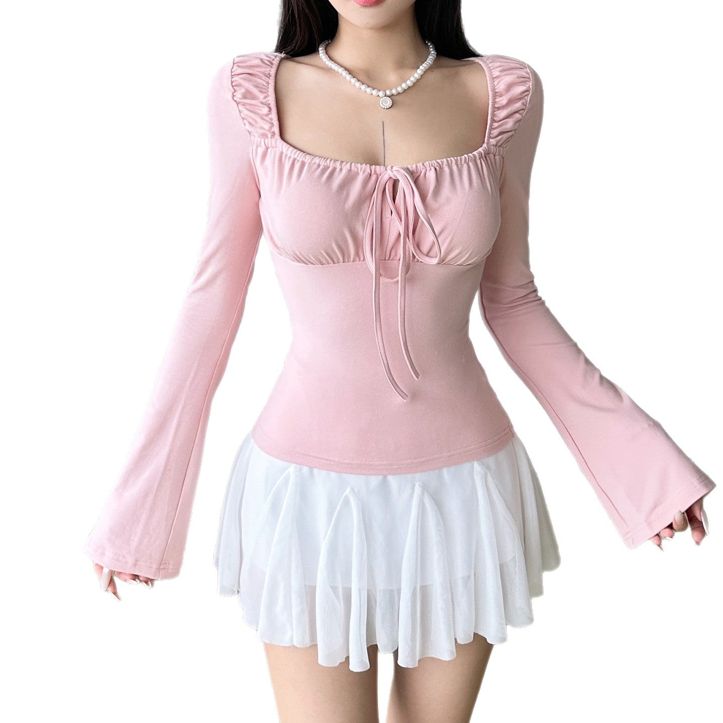 Pink square collar lace up top eprolo