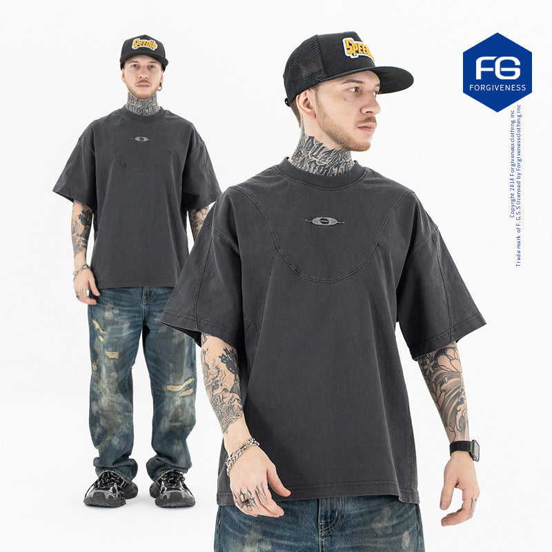 Men's Embroidered Cutting Patchwork Short Sleeve T-Shirt eprolo