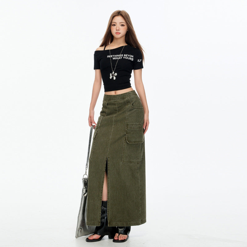 Gray Straight Denim Skirt