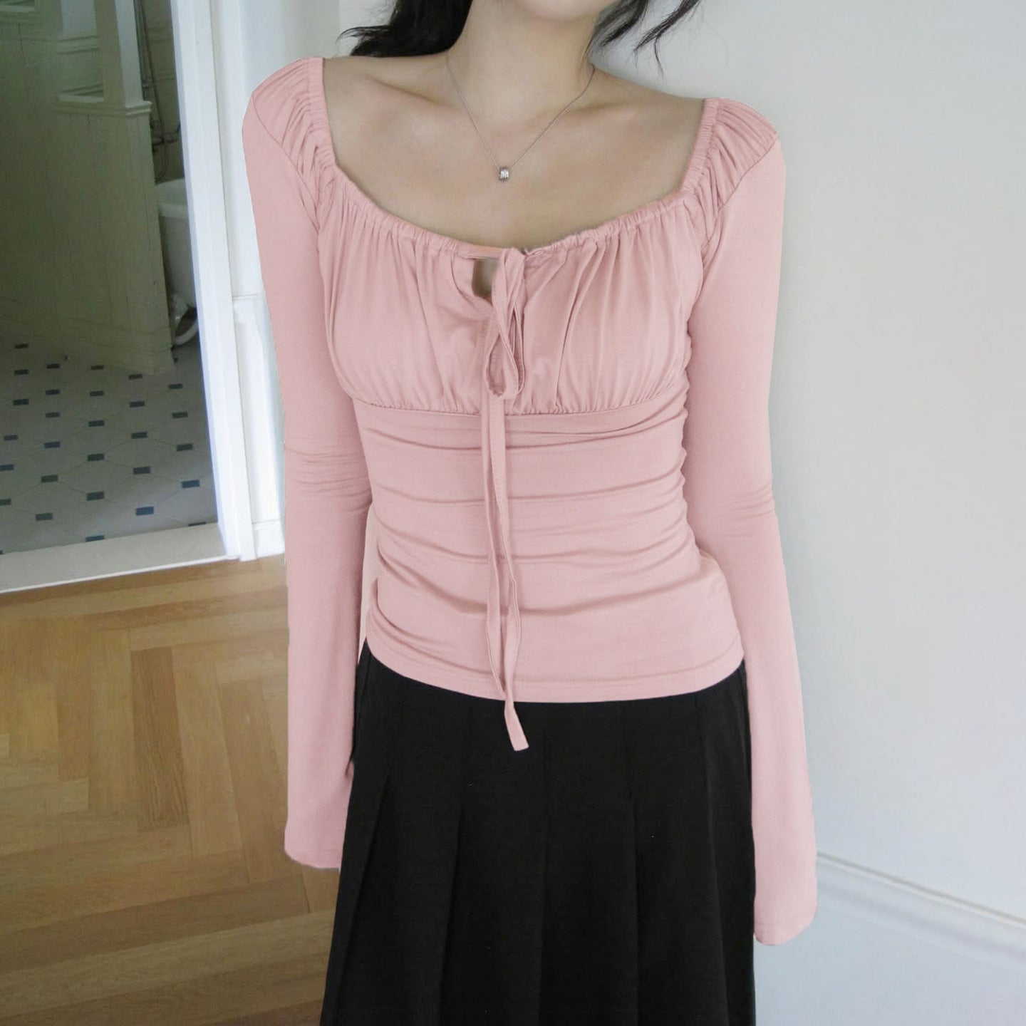 Pink square collar lace up top eprolo