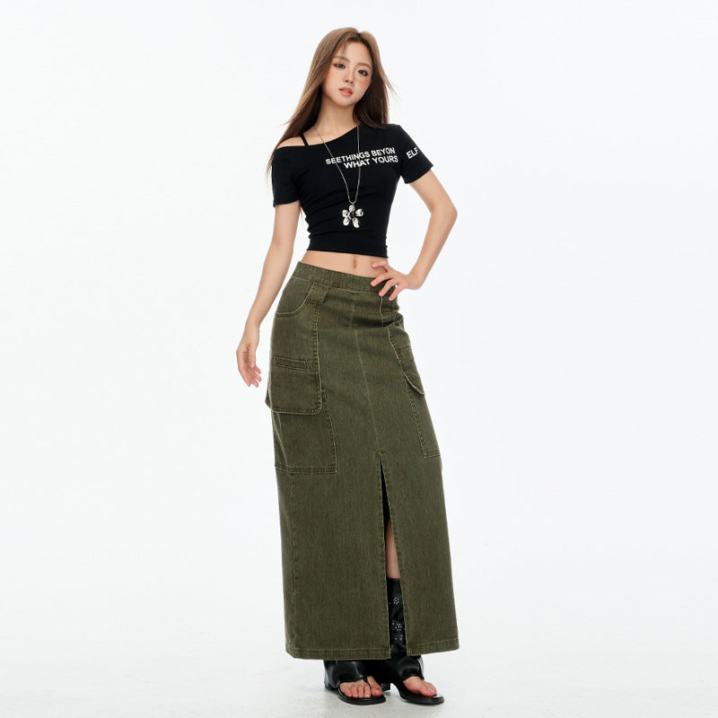 Gray Straight Denim Skirt