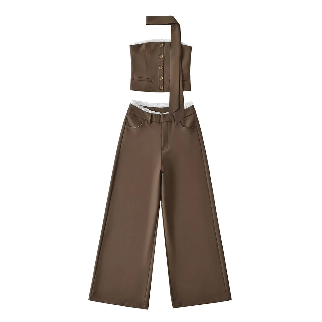 Scarf ribbon lace strapless strap+wide leg suit pants eprolo