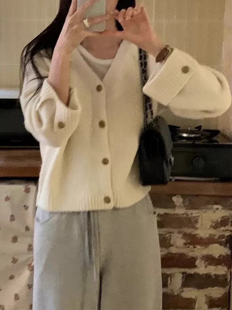 V-Neck Cuffed Long Sleeve Knit Cardigan