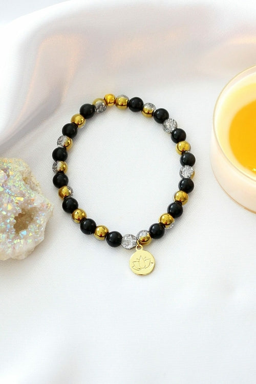 Obsidian Elastic Bracelet | 24K Lotus Flower Charm My Store