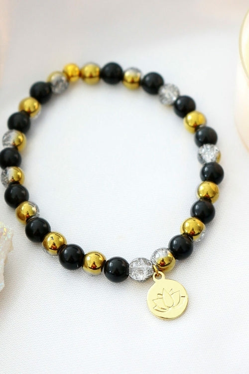 Obsidian Elastic Bracelet | 24K Lotus Flower Charm My Store